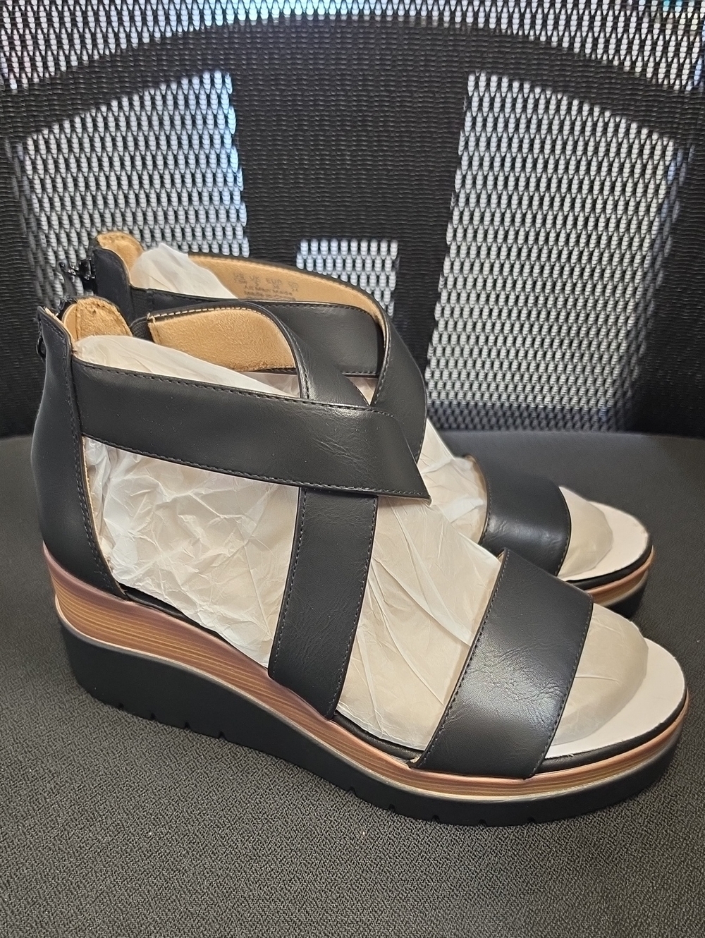 Naturalizer Black Leather Crisscross Wedge Sandals